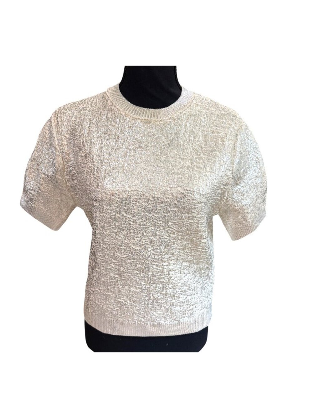 Zara Metallic Glam Posh Party City Short-Sleeve Sweater Silver Cream Womens S - Picture 2 of 13